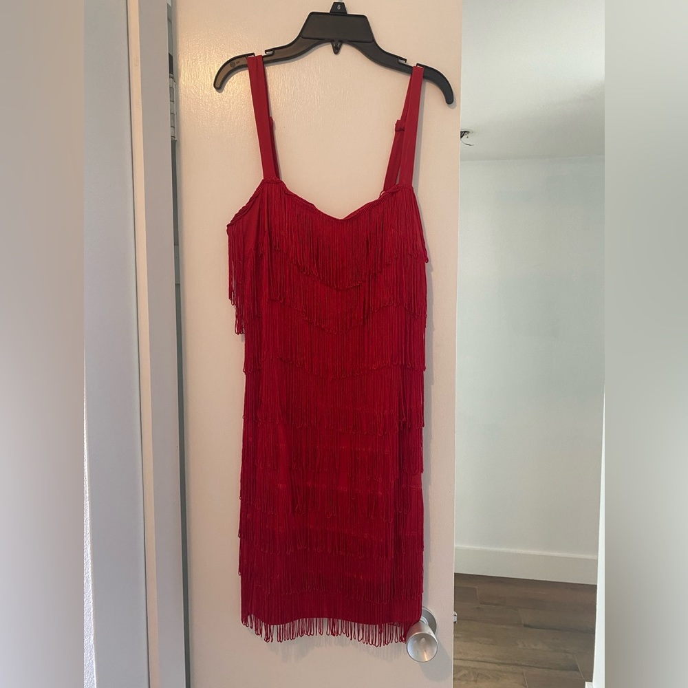 Red knee length fringe dress